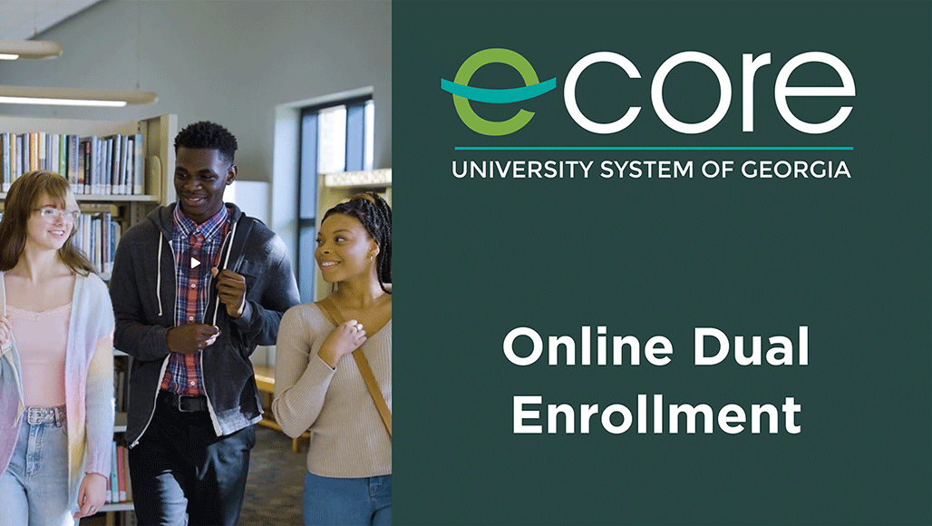 Promotional graphic for eCore’s Online Dual Enrollment program, featuring three students walking and talking together in a library.