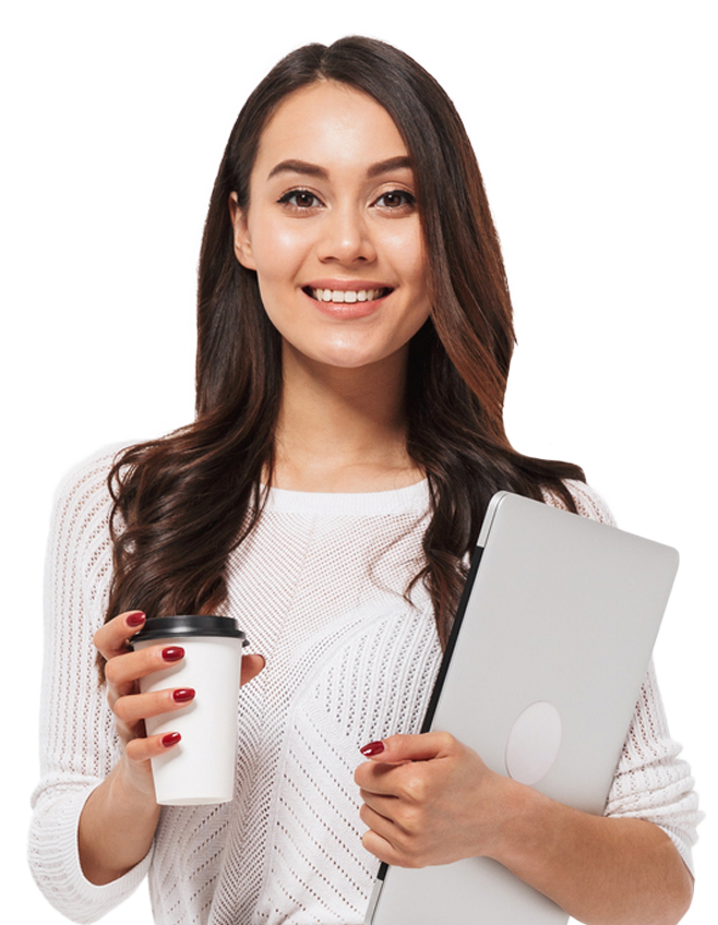 female student holding laptop and coffee
