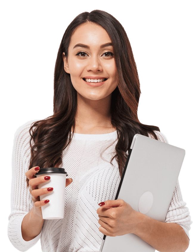 female student holding laptop and coffee